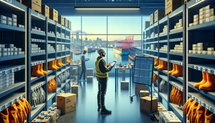 Halifax warehouse: Worker in hi-vis gear examines safety gloves on shelves; another uses tablet for ordering, with harbor views through window.