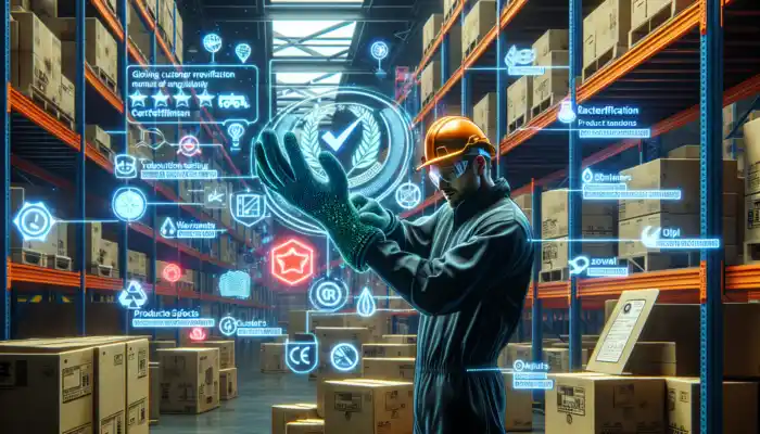 Worker in Halifax warehouse inspects CE-certified safety gloves, surrounded by product specs, UK reviews on tablet, and warranty documents.