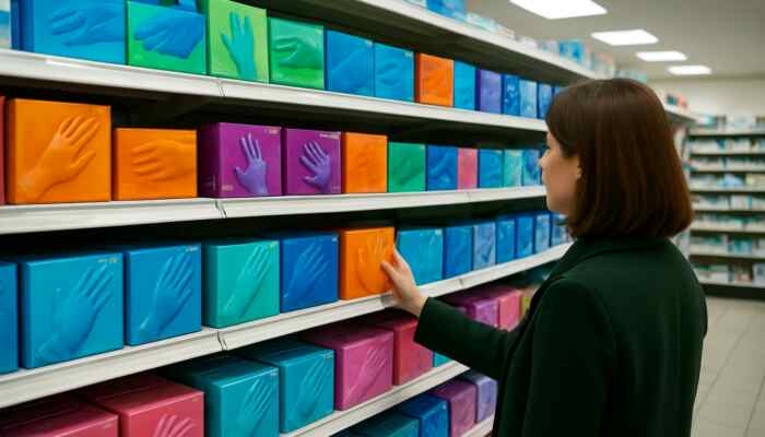 Vinyl gloves overflowing on Braintree pharmacy shelf, shopper examining options.