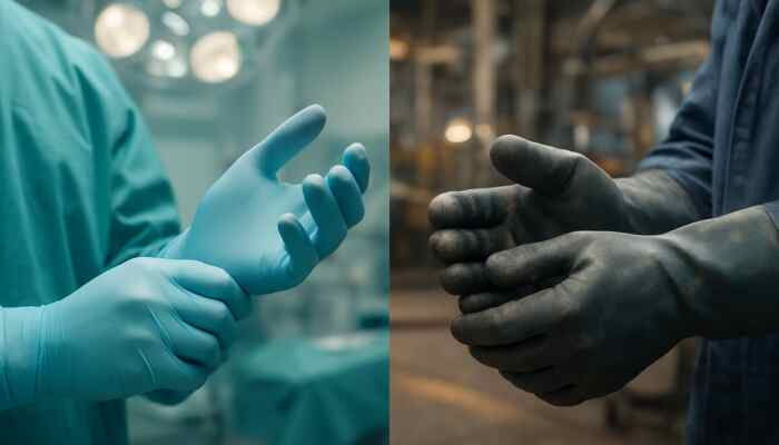 Latex Gloves in Oldham: Surgeon's hands in medical latex gloves in operating room, contrasted with factory worker's hands in industrial latex gloves.
