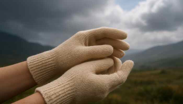 Cotton Gloves in Rotherham: Close-up of breathable cotton gloves on hands in misty UK landscape.