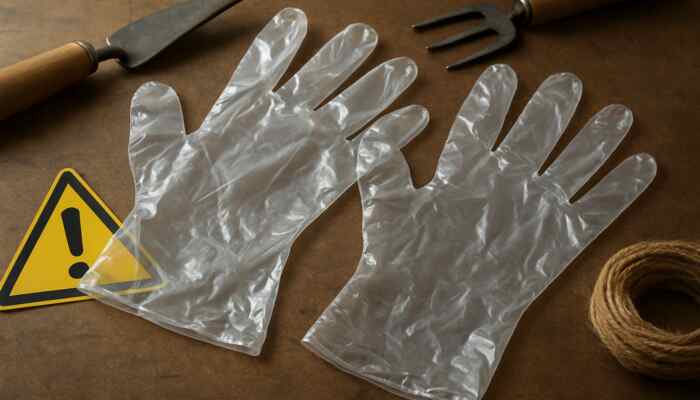 Polythene Gauntlet Gloves in Brentwood: Shiny transparent polythene gauntlet gloves on workbench with gardening tools and UK safety labels.
