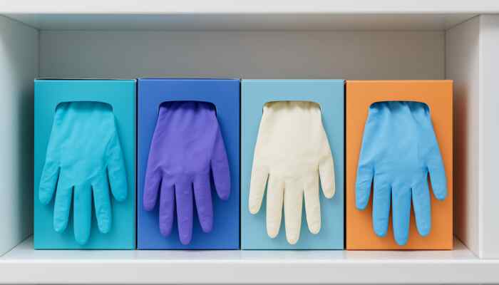 Sterile Gloves in Burton upon Trent: Vibrant display of UK sterile gloves in nitrile, latex, and vinyl, sizes small to extra large on medical shelf.