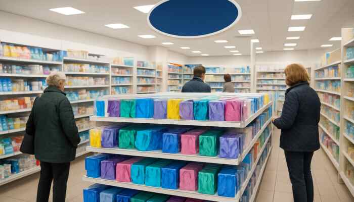 Latex Gloves in Lytham St Annes: Bustling Boots pharmacy in Lytham St Annes, shelves stocked with colorful latex gloves and browsing customers.