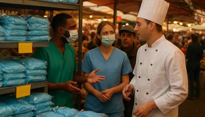 Harrow market scene with stacks of polythene gloves, visible price tags, and healthcare workers negotiating in holiday rush