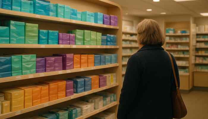 Vinyl Gloves In Hucknall: Cozy Boots pharmacy interior with stocked colorful vinyl gloves shelves and resident browsing.