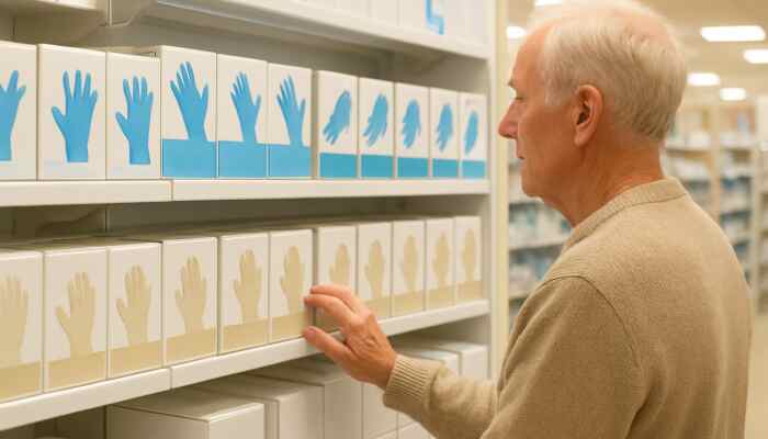 Sterile Gloves In Sittingbourne: Person examining sterile NHS gloves on bright Boots pharmacy shelves in Sittingbourne.